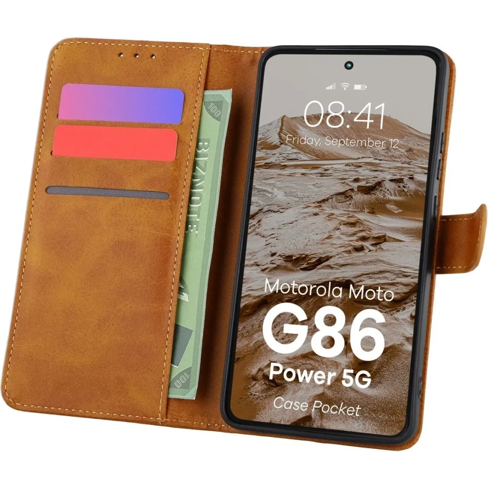 Etui z klapką Bizon Case Pocket do Motorola Moto G86 Power 5G brązowe