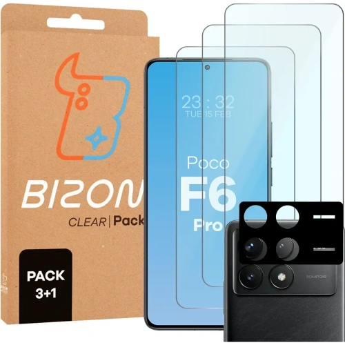 3x Szkło hartowane + szybka na aparat Bizon Glass Clear Pack do Xiaomi POCO F6 Pro