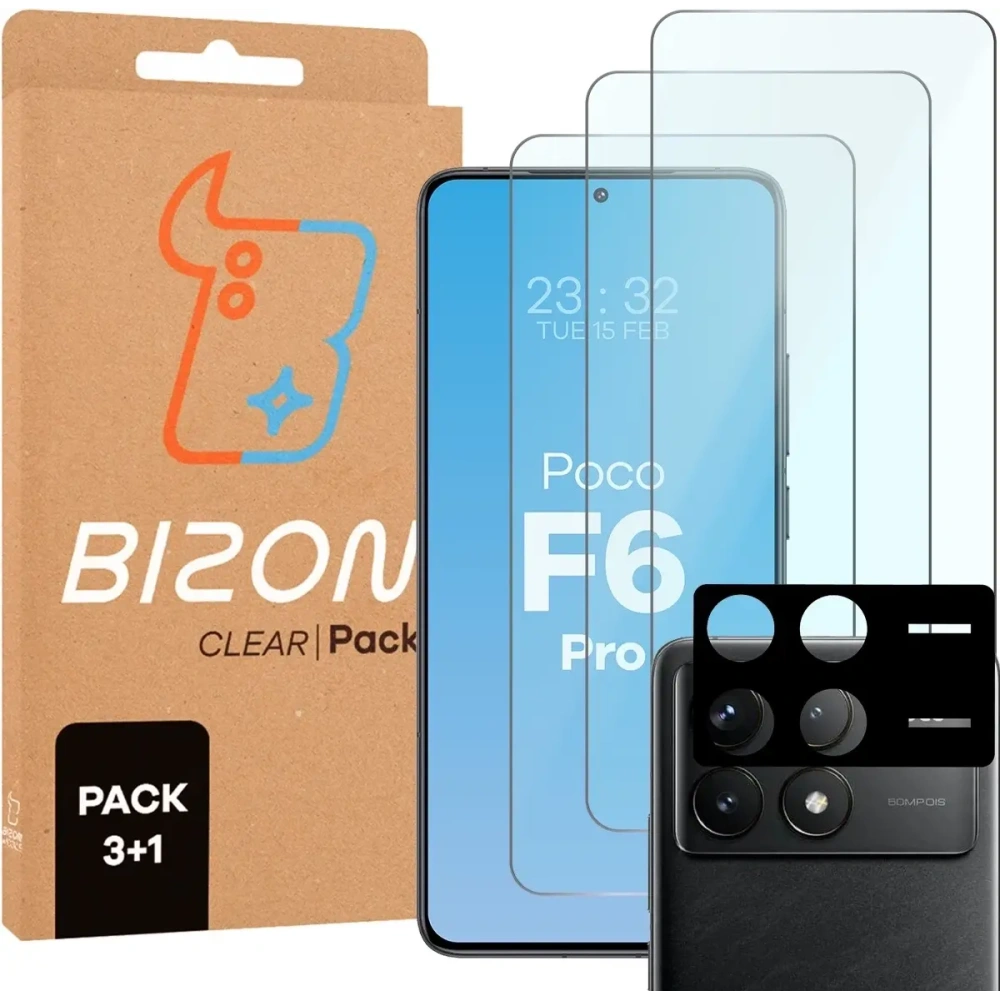 3x Szkło hartowane + szybka na aparat Bizon Glass Clear Pack do Xiaomi POCO F6 Pro
