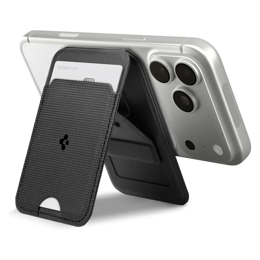 Stojak na telefon z miejscem na karty Spigen S314-3 Slim Fold Tripod MagSafe Universal Magnetic Card Holder Black
