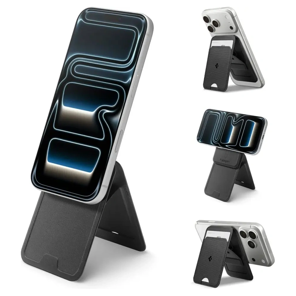 Stojak na telefon z miejscem na karty Spigen S314-3 Slim Fold Tripod MagSafe Universal Magnetic Card Holder Black