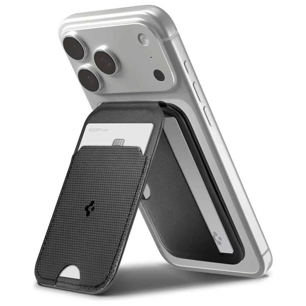 Stojak na telefon z miejscem na karty Spigen S314-2 Slim Fold Tripod MagSafe Universal Magnetic Card Holder Black