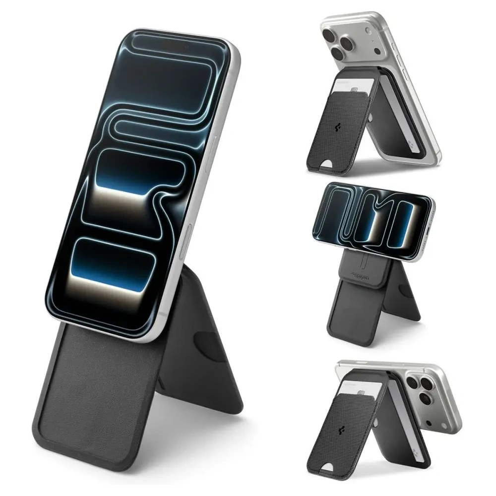 Stojak na telefon z miejscem na karty Spigen S314-2 Slim Fold Tripod MagSafe Universal Magnetic Card Holder Black