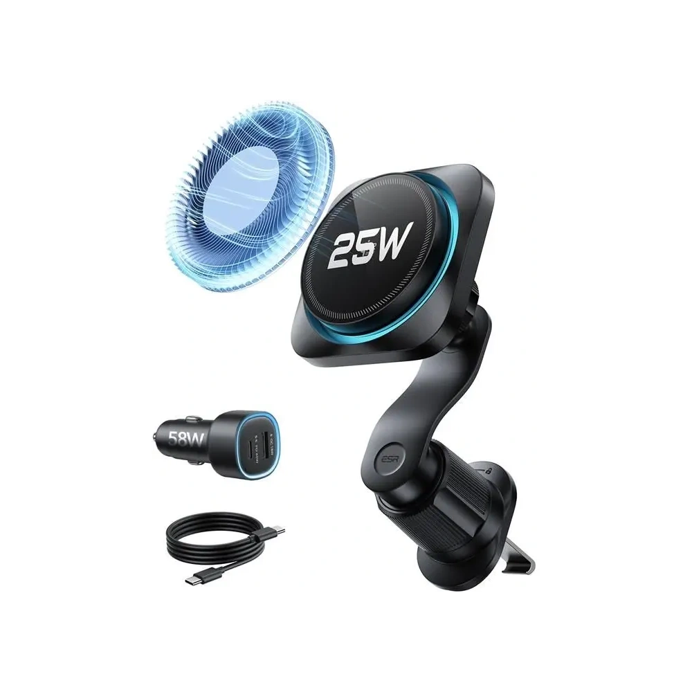 Uchwyt samochodowy do kratki z ładowarką bezprzewodową ESR OmniLock Cryoboost Magnetic MagSafe Vent Car Mount Wireless Charger Qi2.2 25W Black