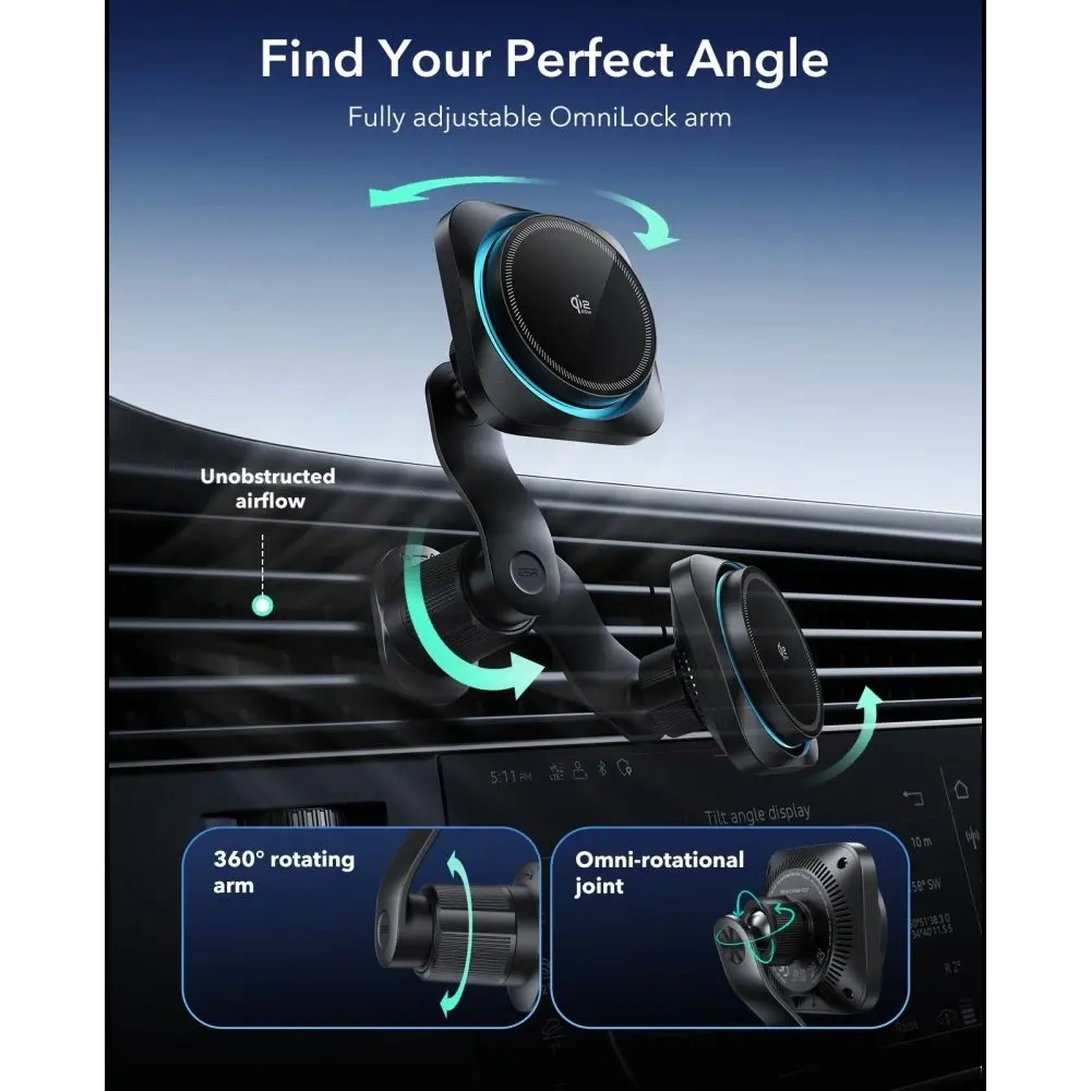 Uchwyt samochodowy do kratki z ładowarką bezprzewodową ESR OmniLock Cryoboost Magnetic MagSafe Vent Car Mount Wireless Charger Qi2.2 25W Black