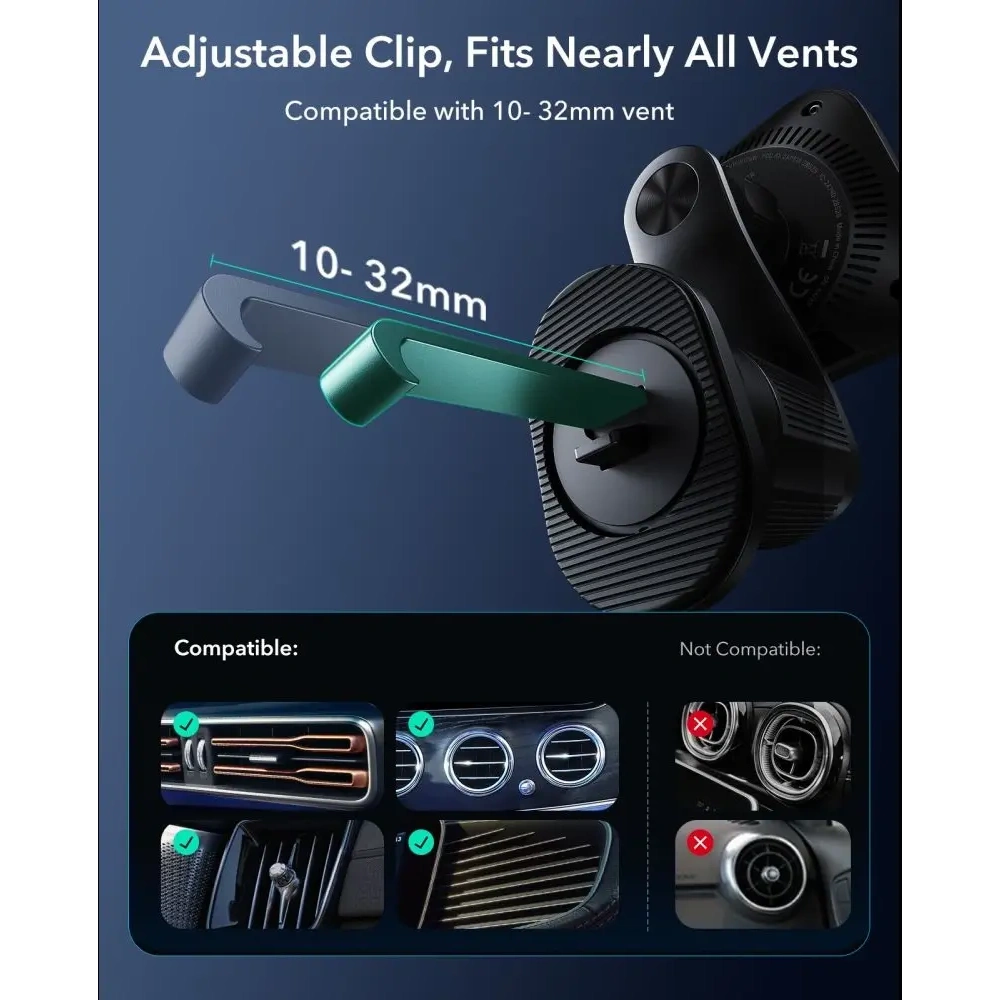 Uchwyt samochodowy do kratki z ładowarką bezprzewodową ESR OmniLock Cryoboost Magnetic MagSafe Vent Car Mount Wireless Charger Qi2.2 25W Black