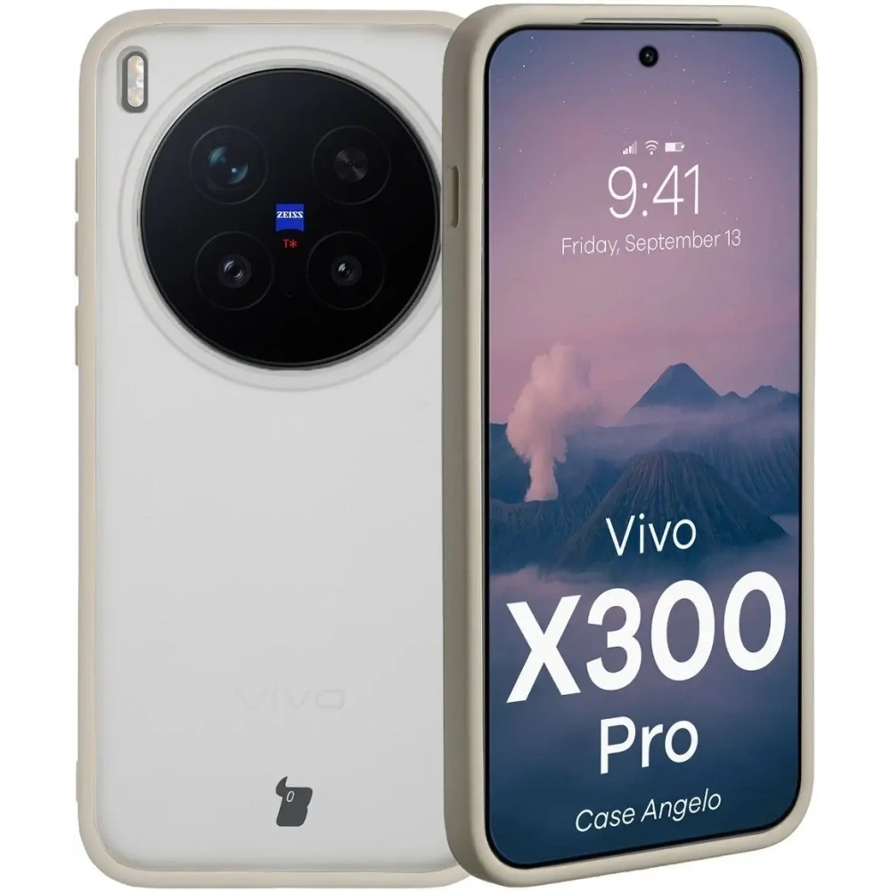 Etui Bizon Case Angelo do Vivo X300 Pro półprzezroczyste z beżową ramką