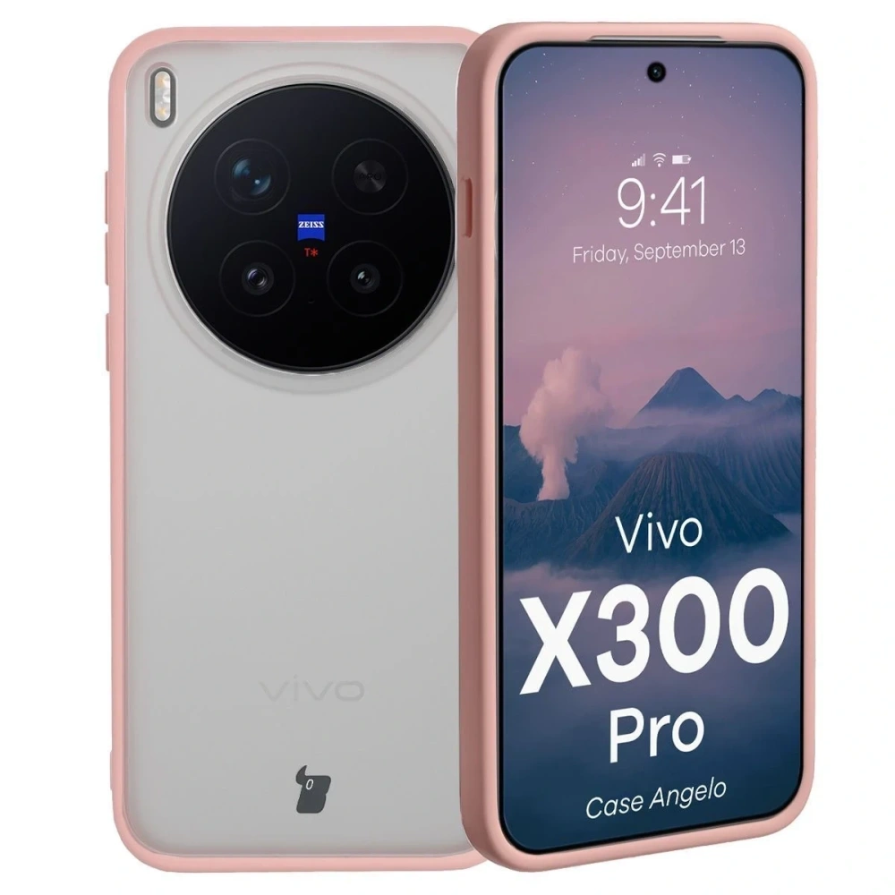 Etui Bizon Case Angelo do Vivo X300 Pro półprzezroczyste z jasnoróżową ramką