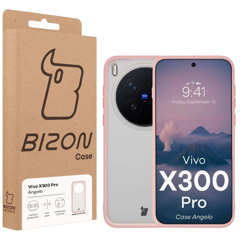 Etui Bizon Case Angelo do Vivo X300 Pro półprzezroczyste z jasnoróżową ramką