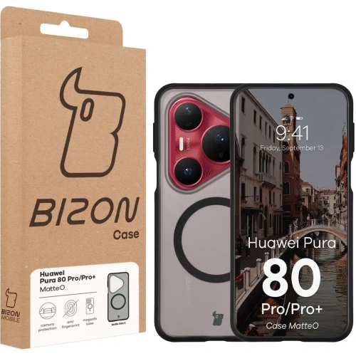 Etui z pierścieniem magnetycznym Bizon Case MatteO do Huawei Pura 80 Pro / Pro+ Plus przydymione-czarne