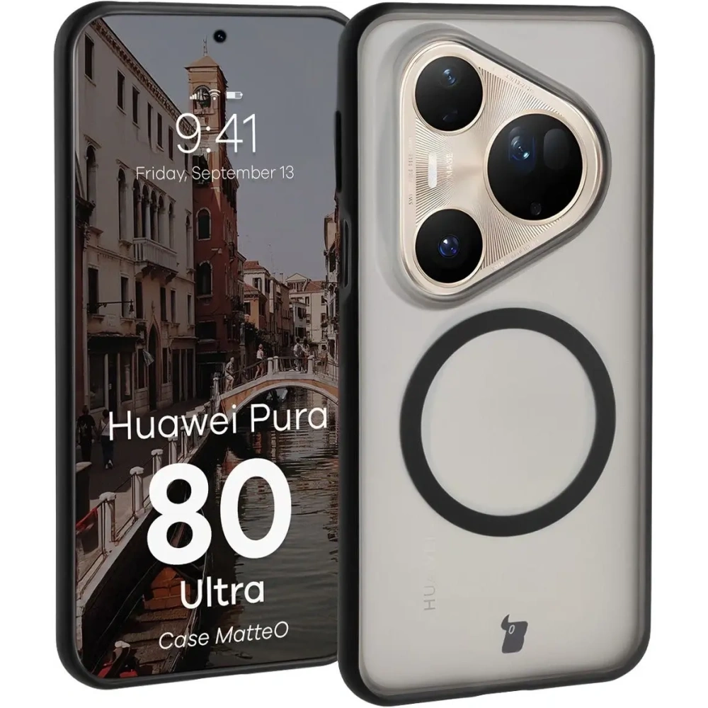 Etui z pierścieniem magnetycznym Bizon Case MatteO do Huawei Pura 80 Ultra przydymione-czarne