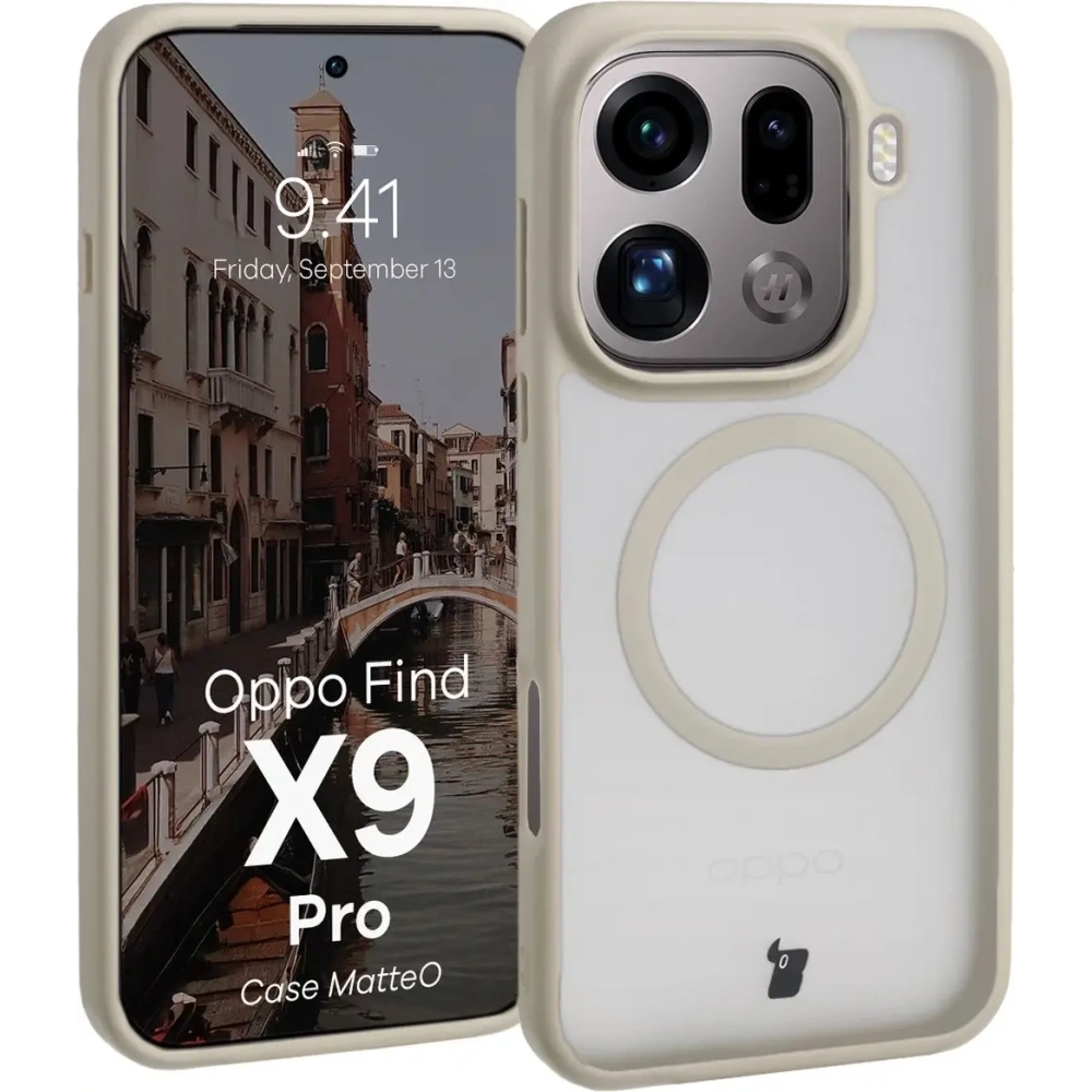 Etui z pierścieniem magnetycznym Bizon Case MatteO do Oppo Find X9 Pro przydymione-beżowe