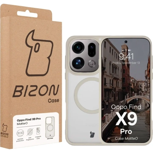 Etui z pierścieniem magnetycznym Bizon Case MatteO do Oppo Find X9 Pro przydymione-beżowe
