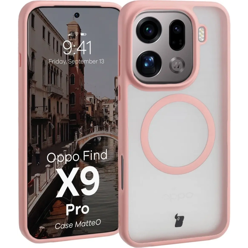 Etui z pierścieniem magnetycznym Bizon Case MatteO do Oppo Find X9 Pro przydymione-jasnoróżowe