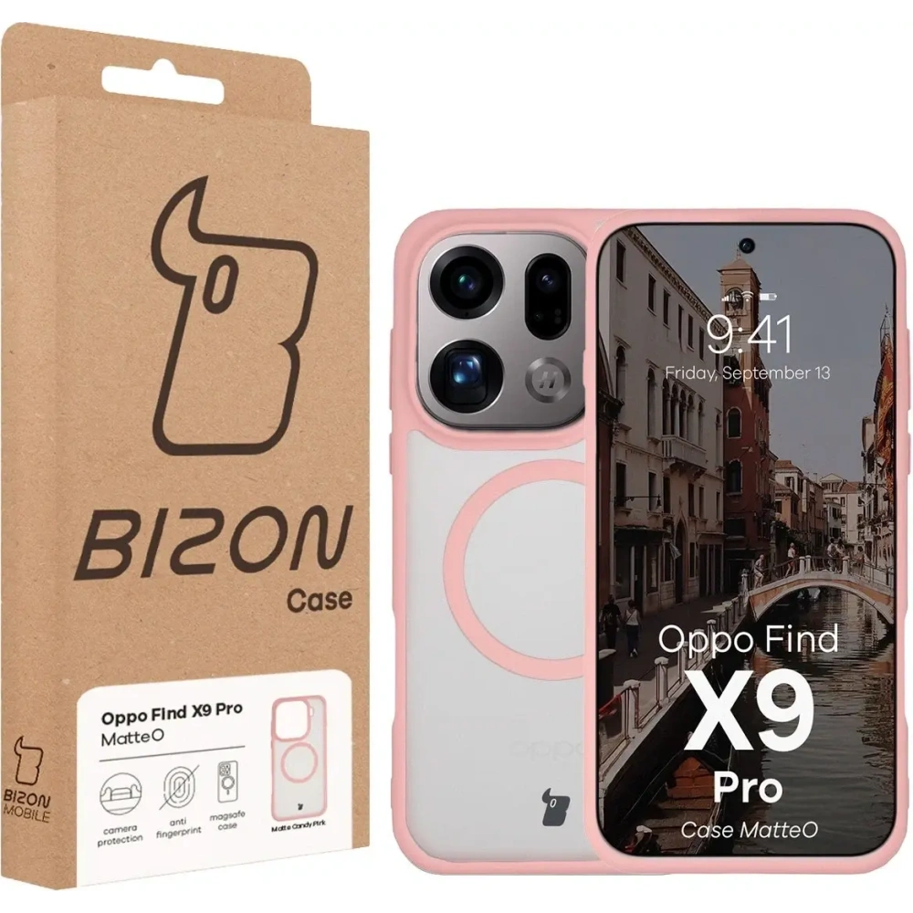 Etui z pierścieniem magnetycznym Bizon Case MatteO do Oppo Find X9 Pro przydymione-jasnoróżowe
