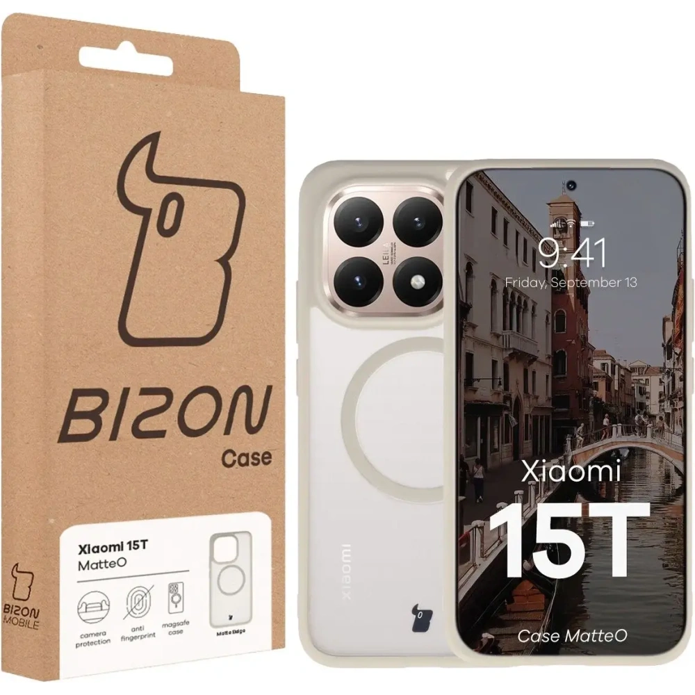 Etui z pierścieniem magnetycznym Bizon Case MatteO do Xiaomi 15T przydymione-beżowe