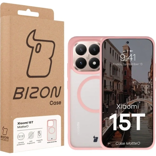 Etui z pierścieniem magnetycznym Bizon Case MatteO do Xiaomi 15T przydymione-jasnoróżowe
