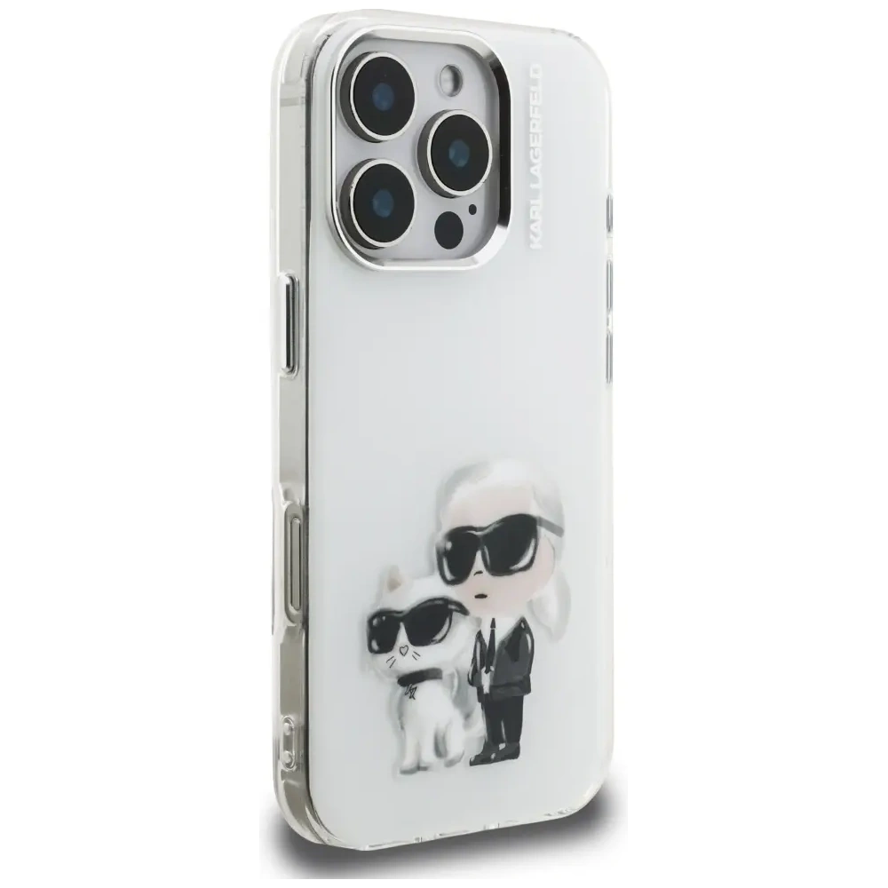 Etui Karl Lagerfeld IML Aquarelle Karl & Choupette & Logo do Apple iPhone 16 Pro biały