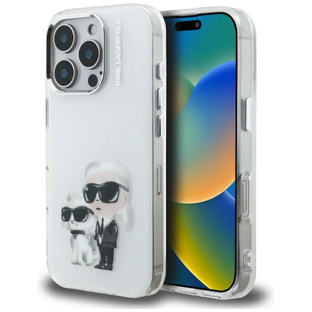 Etui Karl Lagerfeld IML Aquarelle Karl & Choupette & Logo do Apple iPhone 16 Pro Max biały
