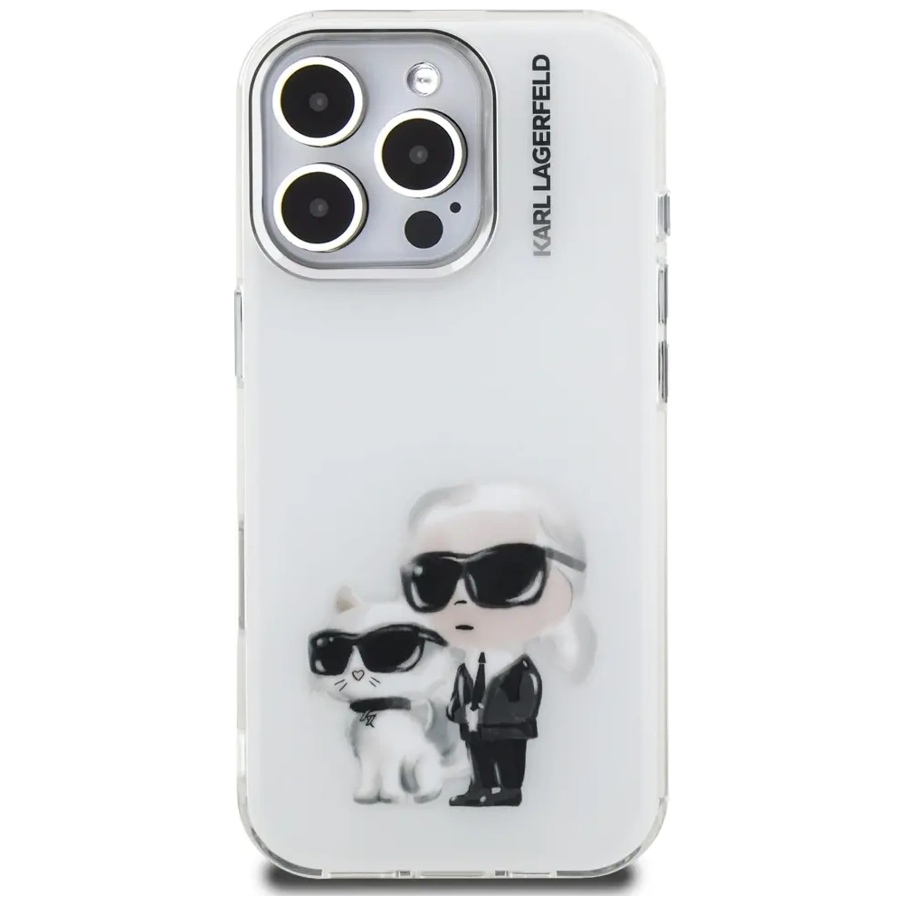 Etui Karl Lagerfeld IML Aquarelle Karl & Choupette & Logo do Apple iPhone 16 Pro Max biały