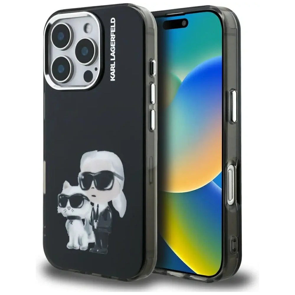 Etui Karl Lagerfeld IML Aquarelle Karl & Choupette & Logo do Apple iPhone 16 Pro Max czarny