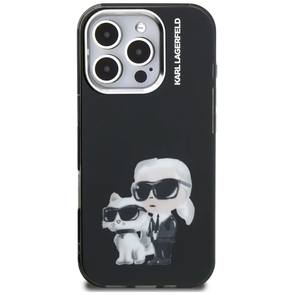 Etui Karl Lagerfeld IML Aquarelle Karl & Choupette & Logo do Apple iPhone 16 Pro Max czarny