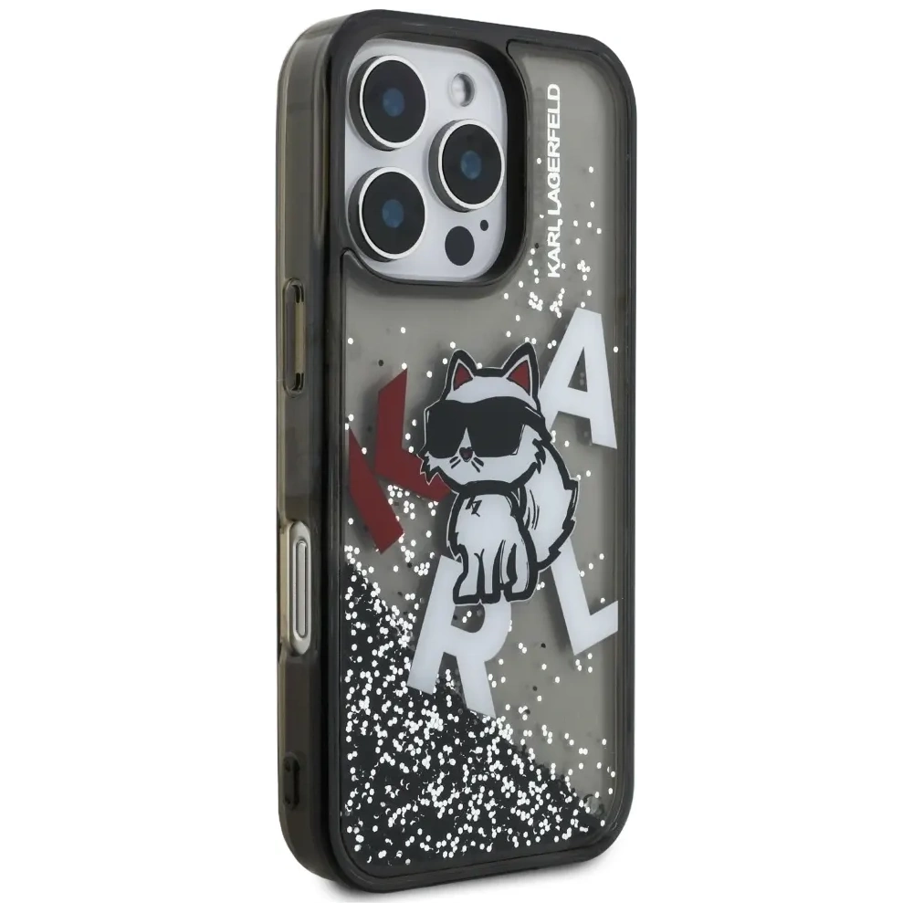 Etui Karl Lagerfeld Liquid Glitter Choupette Logo do Apple iPhone 16 Pro Max czarny