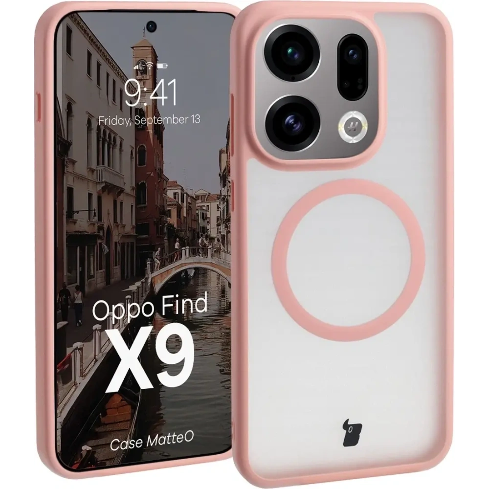 Etui z pierścieniem magnetycznym Bizon Case MatteO do Oppo Find X9 przydymione-jasnoróżowe