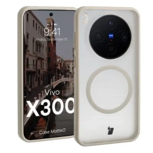 Etui z pierścieniem magnetycznym Bizon Case MatteO do Vivo X300 przydymione-beżowe