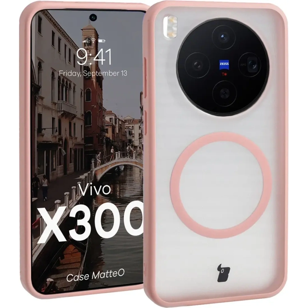 Etui z pierścieniem magnetycznym Bizon Case MatteO do Vivo X300 przydymione-jasnoróżowe