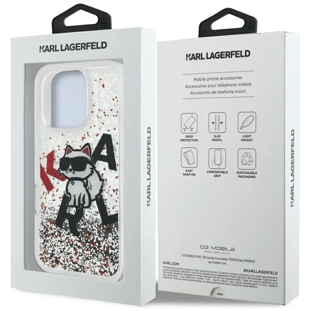 Etui Karl Lagerfeld Liquid Glitter Choupette Logo do Apple iPhone 16 Pro przezroczysty