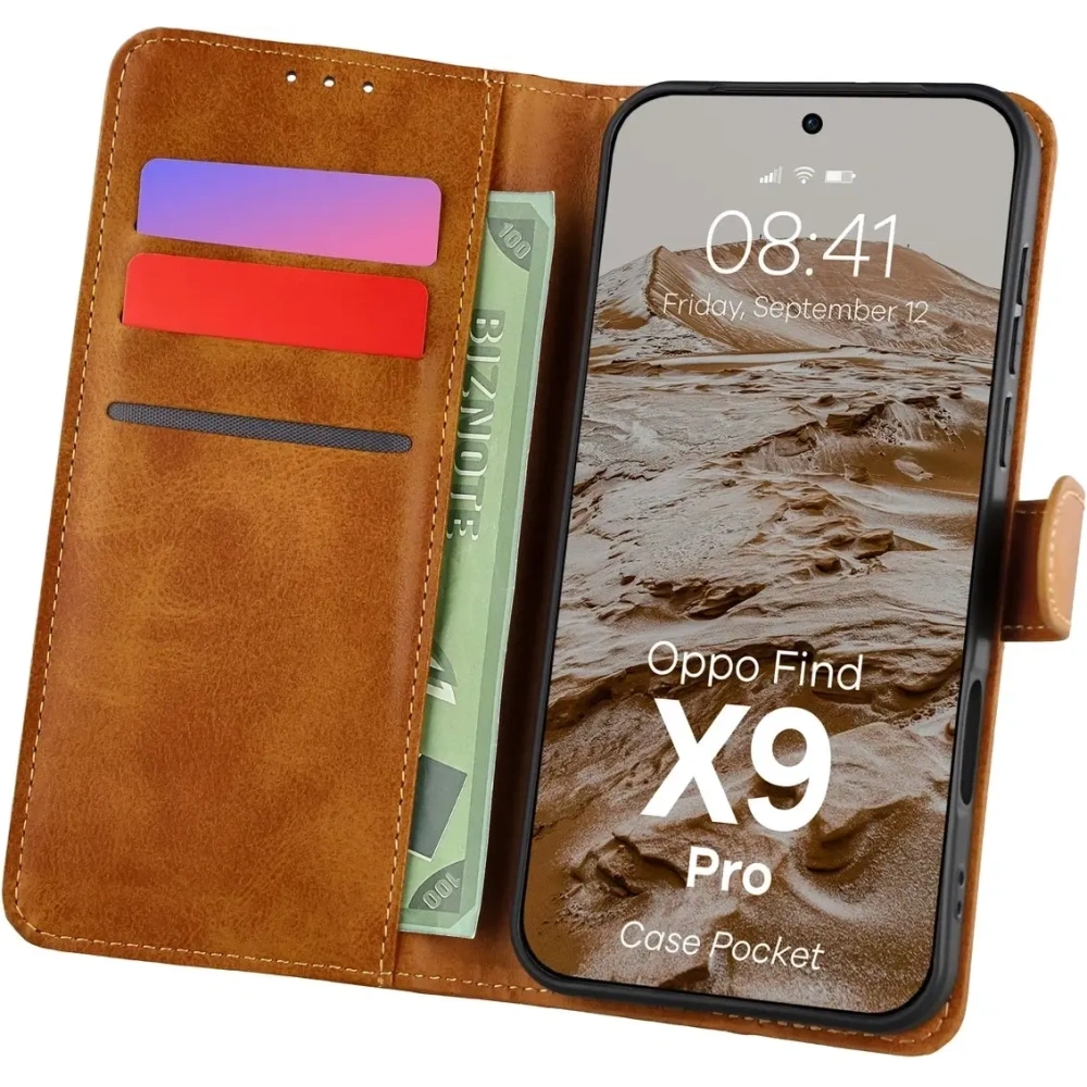 Etui z klapką Bizon Case Pocket do Oppo Find X9 Pro brązowe