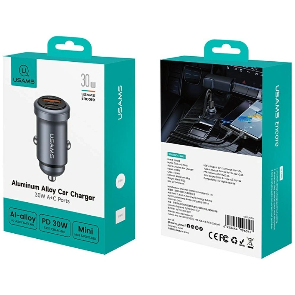 Ładowarka samochodowa USAMS CC322 30W USB-A USB-C tarnish