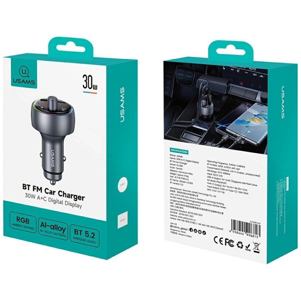 Ładowarka samochodowa USAMS CC328 30W USB-A USB-C Bluetooth FM tarnish