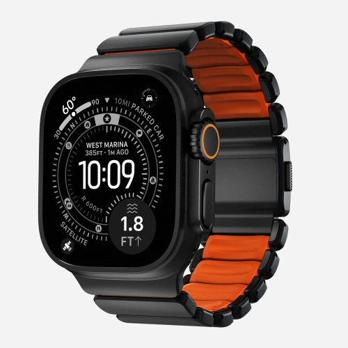 Pasek NOMAD Stratos band tytanowa bransoleta do Apple Watch 49mm z FKM (black titanium, ultra orange FKM)