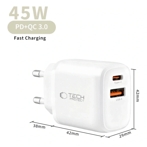 Ładowarka sieciowa Tech-Protect NCA45W-GAN USB-A, USB-C Network Charger PD 45W / QC3.0 White