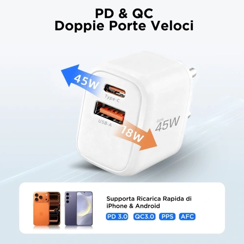 Ładowarka sieciowa Tech-Protect NCA45W-GAN USB-A, USB-C Network Charger PD 45W / QC3.0 White