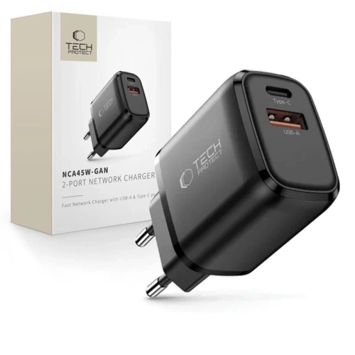 Ładowarka sieciowa Tech-Protect NCA45W-GAN USB-A, USB-C Network Charger PD 45W / QC3.0 Black