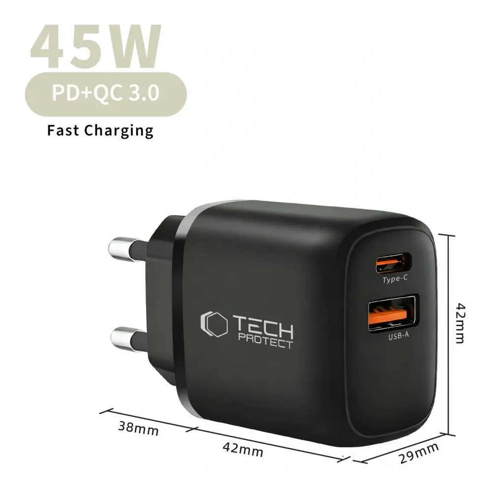 Ładowarka sieciowa Tech-Protect NCA45W-GAN USB-A, USB-C Network Charger PD 45W / QC3.0 Black