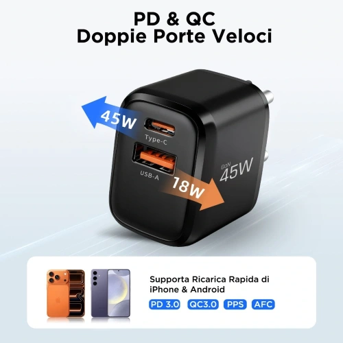 Ładowarka sieciowa Tech-Protect NCA45W-GAN USB-A, USB-C Network Charger PD 45W / QC3.0 Black