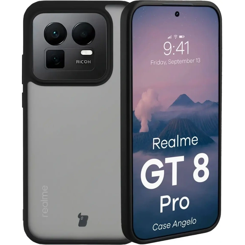 Etui Bizon Case Angelo do Realme GT 8 Pro przydymione z czarną ramką
