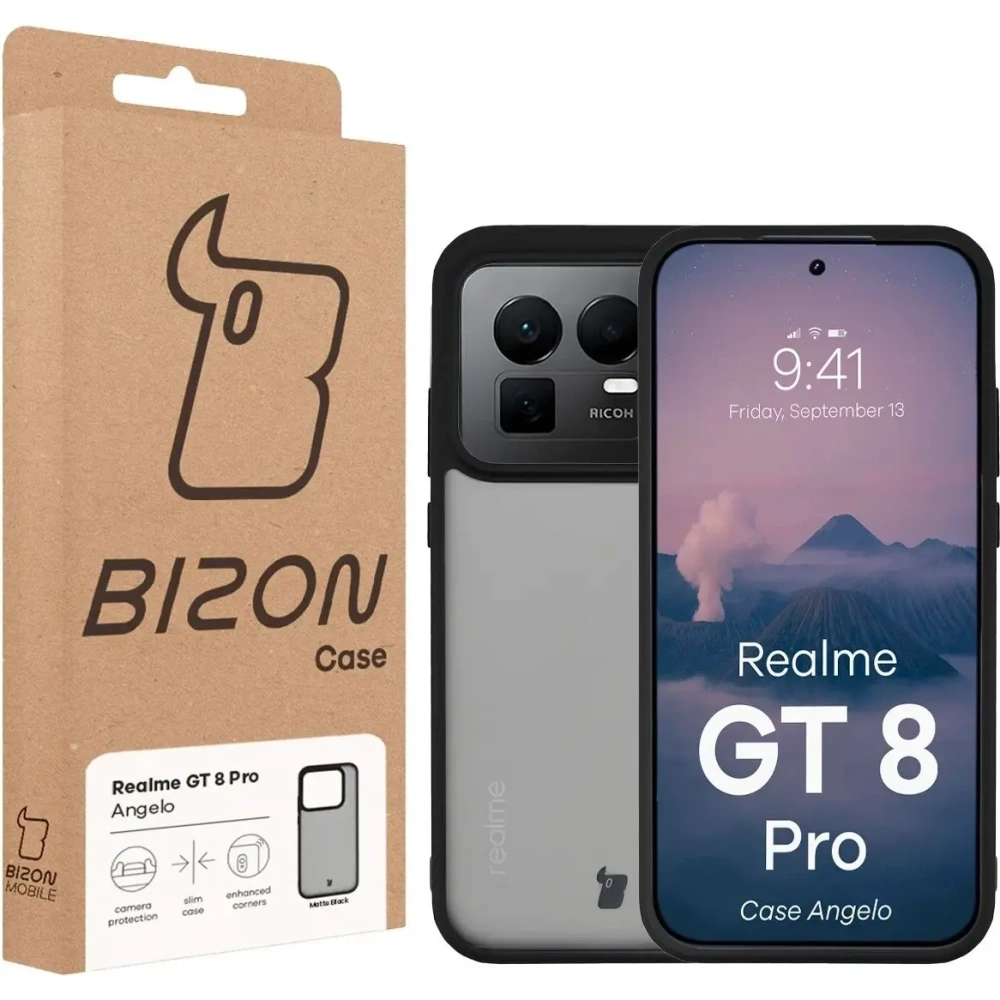 Etui Bizon Case Angelo do Realme GT 8 Pro przydymione z czarną ramką