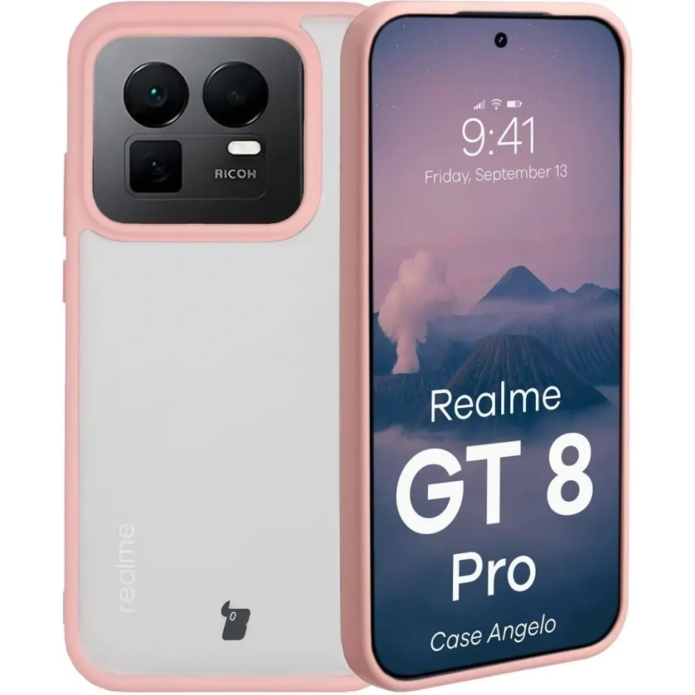 Etui Bizon Case Angelo do Realme GT 8 Pro półprzezroczyste z jasnoróżową ramką