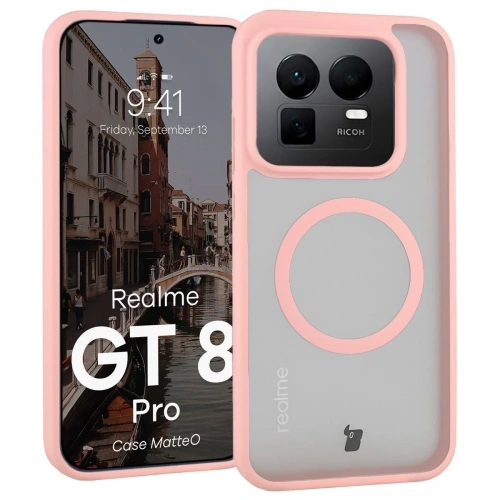Etui z pierścieniem magnetycznym Bizon Case MatteO do Realme GT 8 Pro przydymione-jasnoróżowe