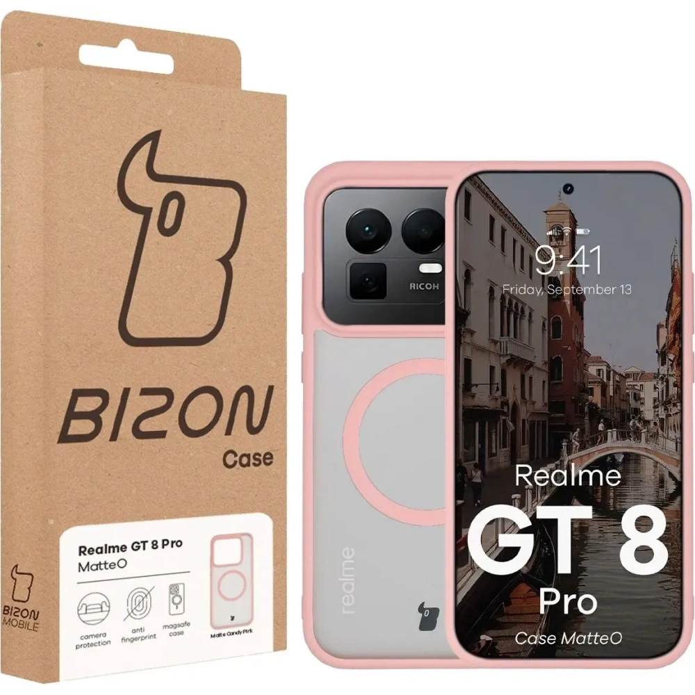 Etui z pierścieniem magnetycznym Bizon Case MatteO do Realme GT 8 Pro przydymione-jasnoróżowe
