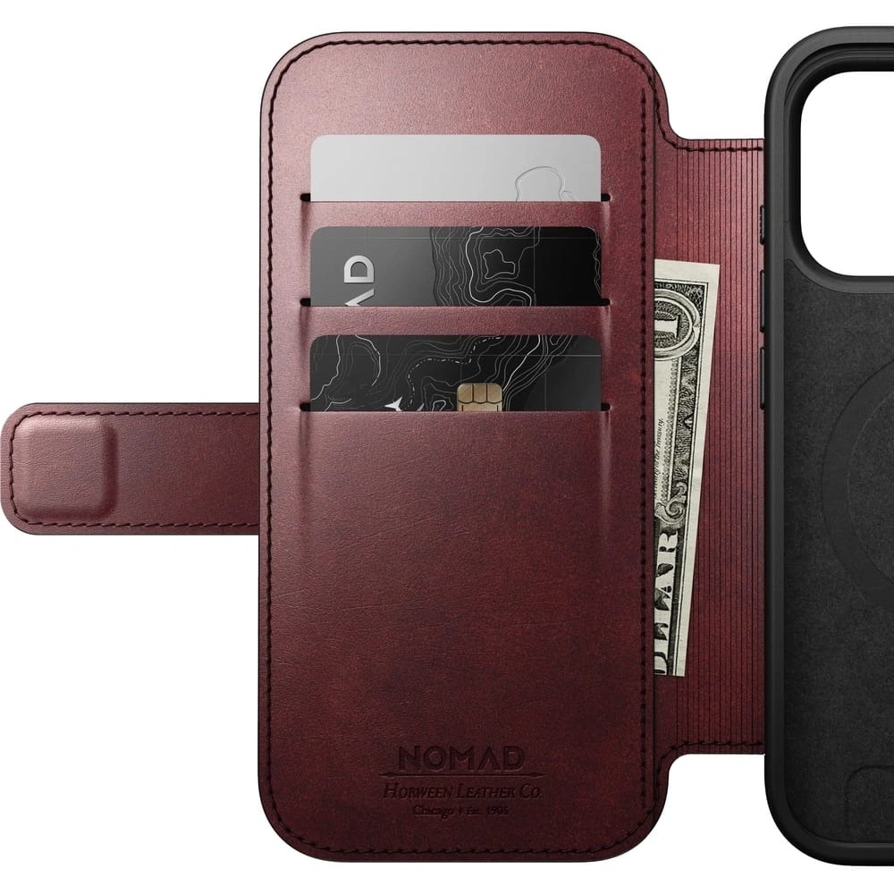 Skórzane etui NOMAD Modern Leather Folio do Apple iPhone 17 Pro kompatybilne z MagSafe, skóra Horween (burgundy)