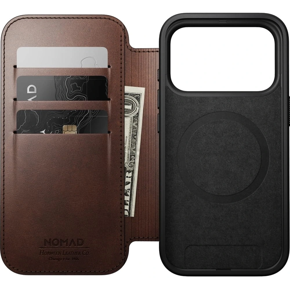 Skórzane etui NOMAD Modern Leather Folio do Apple iPhone 17 Pro Max kompatybilne z MagSafe, skóra Horween (rustic brown)