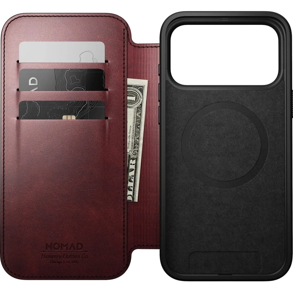 Skórzane etui NOMAD Modern Leather Folio do Apple iPhone 17 Pro Max kompatybilne z MagSafe, skóra Horween (burgundy)