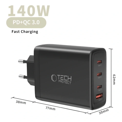 Ładowarka sieciowa Tech-Protect NC140W-GAN 4-port Network Charger PD 140W / QC3.0 Black