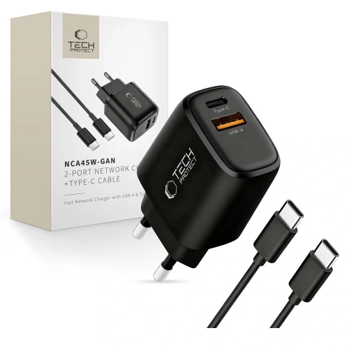 Ładowarka sieciowa Tech-Protect NCA45W-GAN USB-A, USB-C Network Charger PD 45W / QC3.0 + USB-C Cable Black
